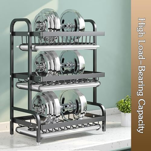Dish Drying Rack, 2 Tier Space-Saving Dish Rack, Detachable Large Capacity Dish Drainer Organizer with Drain Tray, Utensil, Cup Holder Rustproof Carbon Steel(Black-2 Tier,L)