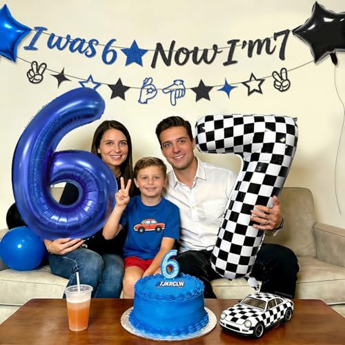 Image of 6 7 Birthday Decorations Six Seven Theme Birthday Party Decor Happy Birthday Decoration Funny 6 7 Meme Party Supply with I was 6 Now I'm 7 Banner 6 7 Balloon Blue Black and Checkered Balloons