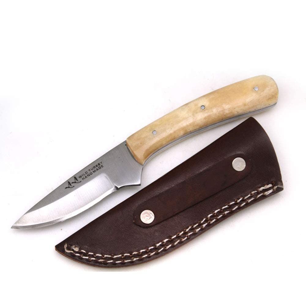 Wild Turkey Handmade Collection Heavy Duty Hunting Knife | Stainless Steel Blade | Genuine Leather Sheath Included (Bone)