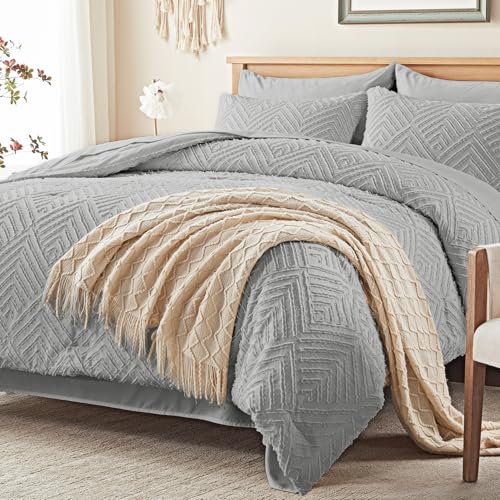 Image of Zzlpp King Comforter Set 7 Pieces, Light Grey Tufted Bed in a Bag with Comforter and Sheets, All Season Boho Bedding Sets with Comforter, 2 Pillow Shams, 2 Pillowcases, 1 Flat Sheet, 1 Fitted Sheet