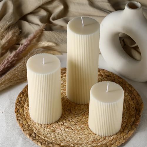 Ribbed Pillar Candles Set of 3, Width 3" High 4" 6" 8" Large Soy Wax Orchids Scented Pillar Candles Aesthetic Ribbed Modern Home Decor for Bathroom Living Room(Cream) - Image 5