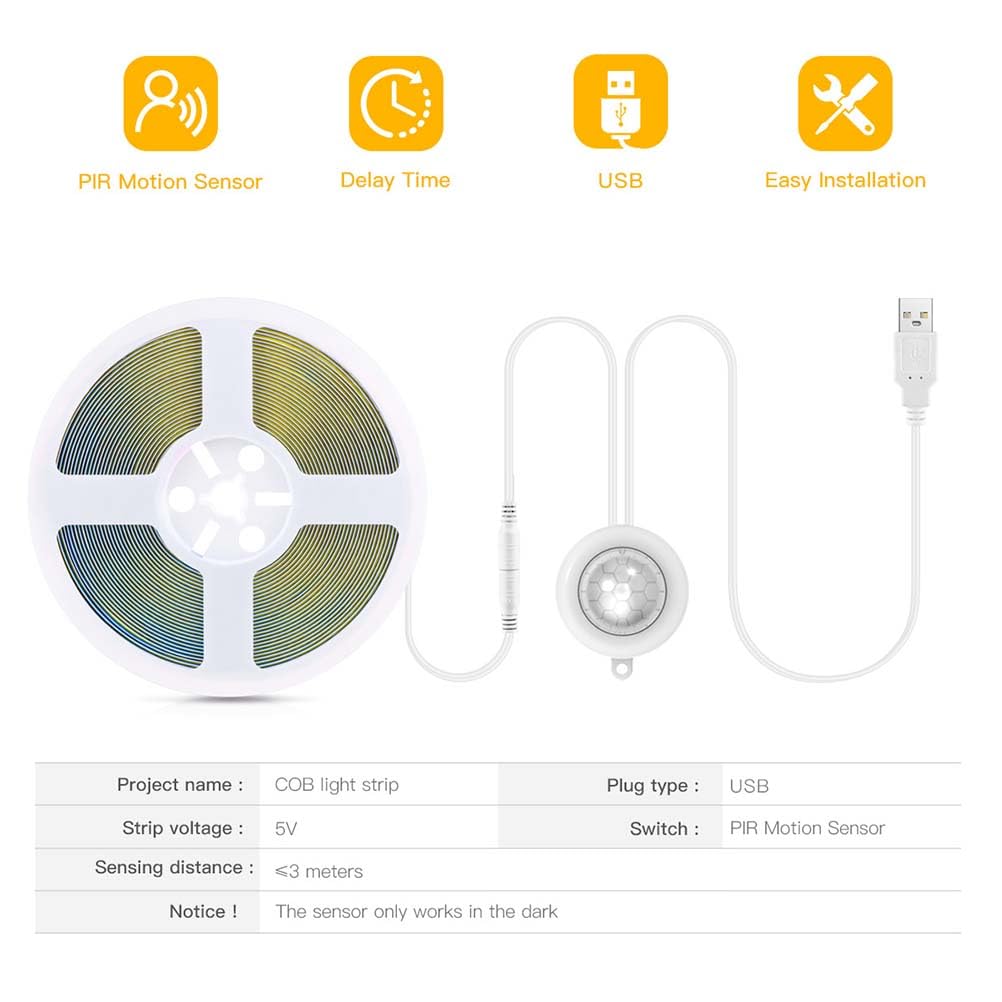 AoLa Taśma LED COB z czujnikiem ruchu, 5V 320 diod LED/m z wtyczką USB zasilacz samoprzylepna możliwość cięcia oświetlenie wewnętrzne aktywowane ruchem do szaf schodów korytarza,Warm light,4M