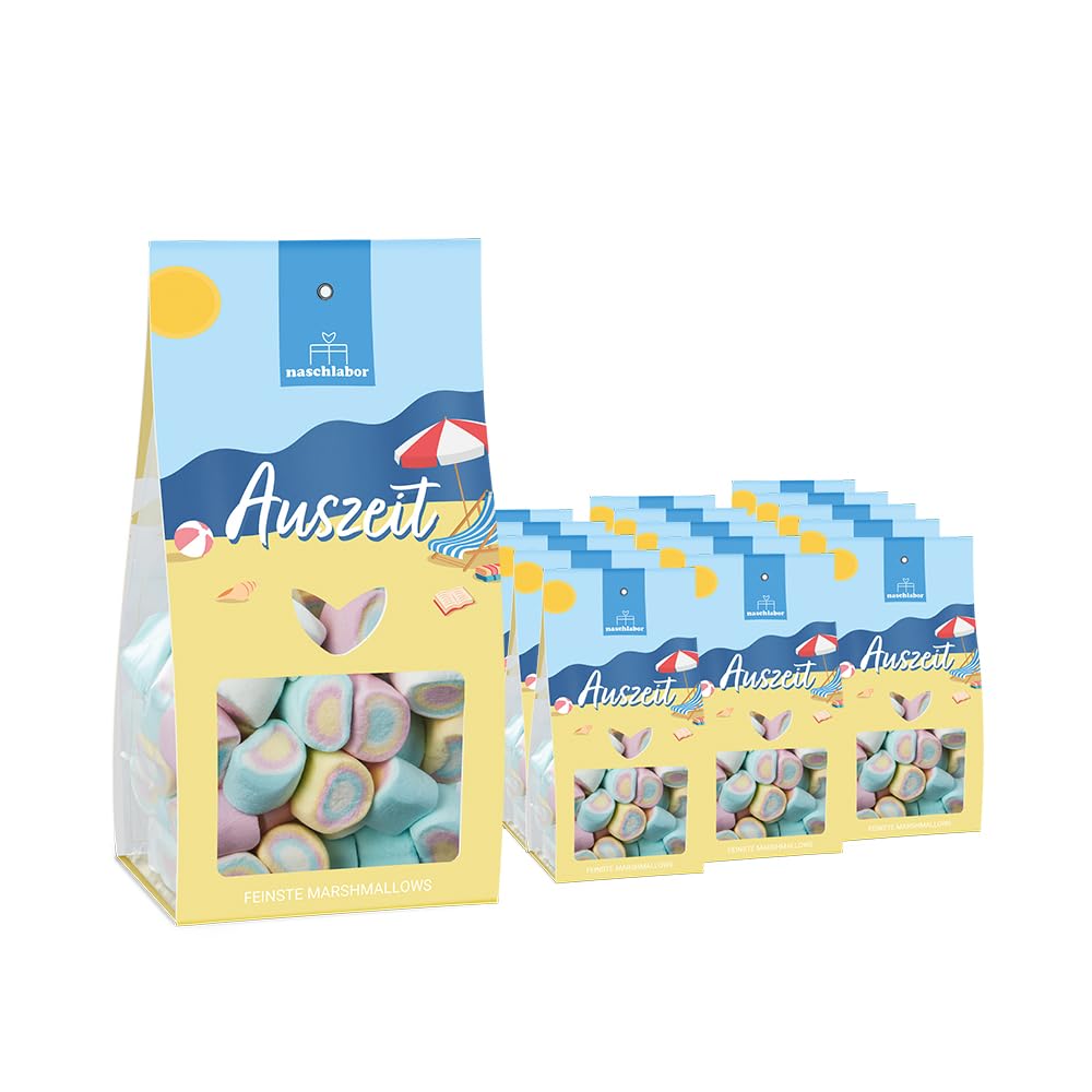 Auszeit Marshmallows 90g | Bunte, luftige Marshmallows mit Vanille-Geschmack | Sommerliches Geschenk für Entspannung & Genuss | Süße Auszeit für Strand- und Urlaubsgefühle