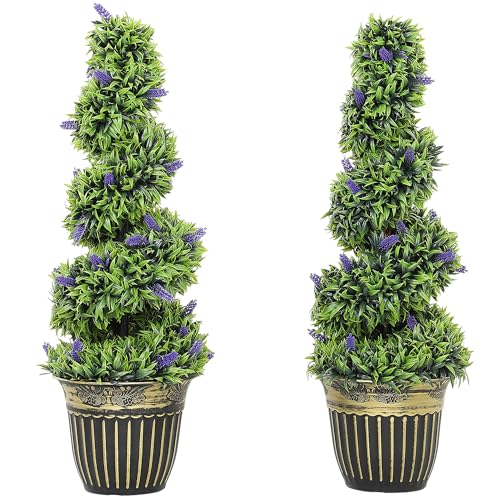 HOMCOM Set of 2 Decorative Artificial Plants, Boxwood Spiral Topiary Tree with Lavender and Pot, Fake Plants for Home Indoor Outdoor Decor, 90cm