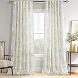 Green Floral Curtains 84 inch Length Back Tab Farmhouser Living Room Light Filtering Curtains Green Pattern Print on Cream White Linen Curtain Minimalist Aesthetic Sketch Style Vintage Room Decor