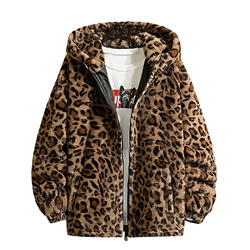 XUNRYAN Hoodies for Men Big and Tall Winter Jackets with Hood Fuzzy Full Zip Up Fleece Leopard Faux-Fur Coats Outerwear