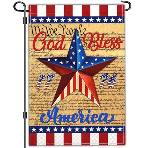 God Bless America 4th of July Garden Flags for Outside 12x18 Inch Double Sided 1776 Flag Blue Red Star Patriotic Yard Garden Flag Independence Flag Memorial Day House Holiday Decorations