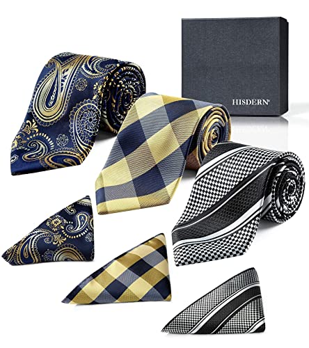 Image of HISDERN Mens Ties and Pocket Square Set Business Elegant Ties for Men Classic Lot 3 Pcs Wedding Party Neckties & Handkerchief