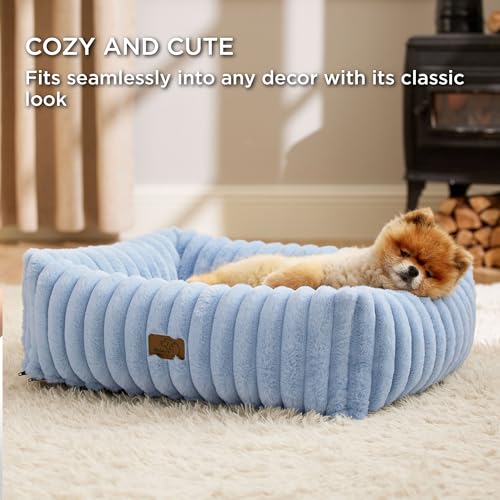 Image of Bedsure ComfyFleece Cute Dog Bed for Small Medium Dogs Washable,25in Blue | Furry Puppy Beds,Square Rectangle Orthopedic Corduroy Aesthetic Pet Beds,Removable Zipper Cover,Non-Slip Bottom,Up to 15 Lbs