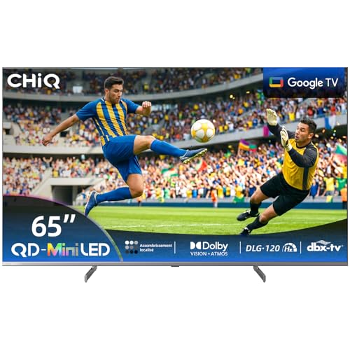 CHIQ Téléviseur M65QN9G 65 Pouces (164 cm) Smart TV 4K Mini QLED, Google TV 5.0, MEMC Dolby Vision & Atmos DLG 120Hz HDR10 Assistant Google & Chromecast intégrés,Cadre métallique