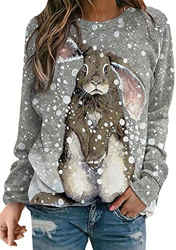 EFOFEI Ladies Easter Cute Rabbit Print T Shirt Easter Long Sleeve Colour Block Shirt Cartoon Bunny Patterned Sweater Snow Rabbit M