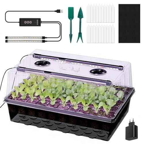 ROCKY&CHAO 60-Zellen selbstbewässerndes Zimmergewächshaus Anzuchtset mit Pflanzenlampe, Mini Gewächshaus für Anzucht & Sämlinge, 42 × 27.6 × 19cm
