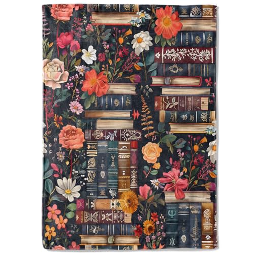 coedoaes Vintage Book Fleece Blanket - 50x60in Colorful Flower Retro Throw Blankets,Soft Cozy Lightweight, Ideal for Living Room Home Rustic Decor and Kids Women Girls Spring Gifts