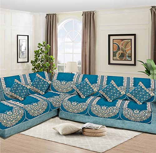 Image of L Shape Sofa Cover Set 7 Seater with 5 Cushion Covers - Premium Stretch Fabric, Soft, Anti-Slip, Washable Sectional Couch Cover (Sky Blue)