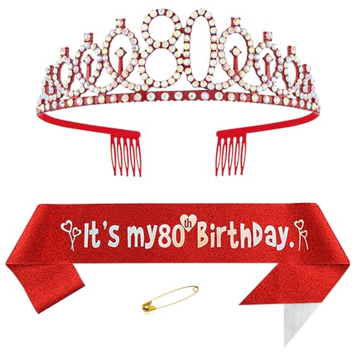 Red 80th Birthday Sash for Women Birthday Princess Crown Queen Tiara Rhinestone Birthday Headbands Birthday Queen Sash Happy Birthday Decorations for Women 80 Year Old Birthday Party Supplies