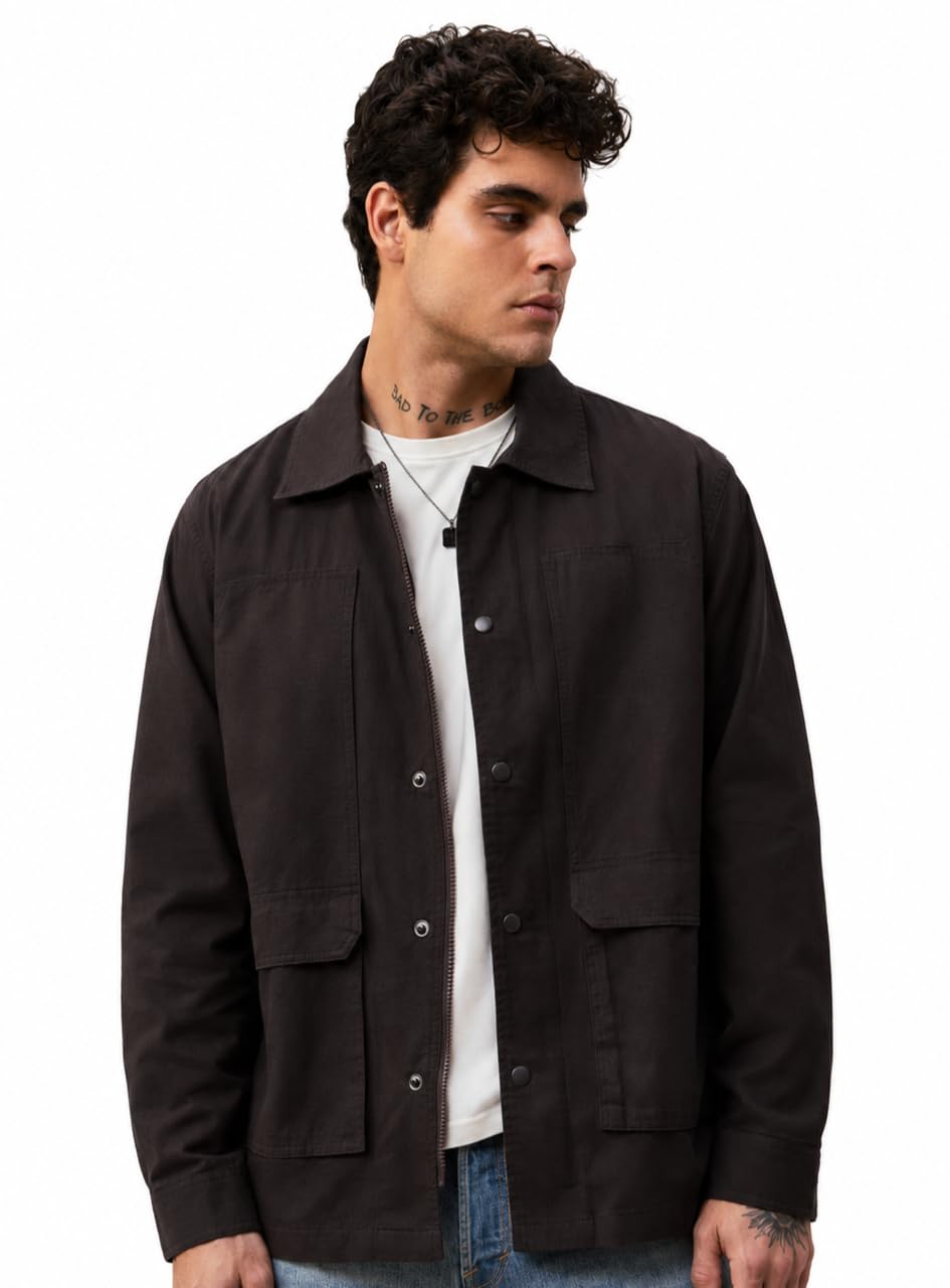 Utility Shacket: Pecan Men and Boys Long Sleeve Spread Collar Solid Lightweight Easy to Style Everyday Office Wear Casual Regular Fit Cotton Utility Shirt-image-33