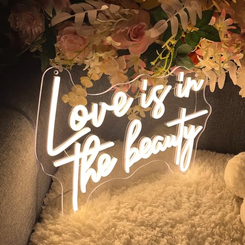 Image of Love is in The Beauty Neon Sign Spa Beauty Room Brows Lashed Salon Studio LED Wall Art Decor For Business Stores Logo Barber Shops Led Indoor Custom Neon Lights 5V USB Powered Warm White 40x29.7 CM