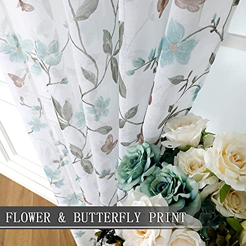 Tollpiz Sheer Floral Tier Curtain Blue Flower Butterfly Printed Half Window Curtains Rod Pocket Kitchen Voile Faux Linen Curtain For Bathroom, 30 X 36 Inches Long, Set Of 2 Panels #TOP2