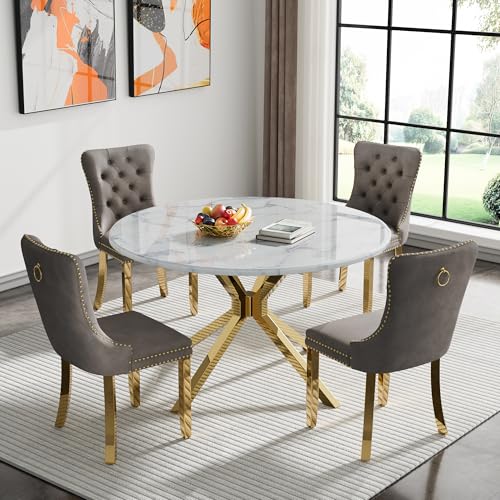 Image of 5-Piece Round Dining Table Set for 4, Luxury Faux Marble Kitchen Table Set for 4 with Grey Velvet Chairs, 45 inch Circle Dining Room Tables with White Marble Top and Gold Stainless Steel Cross Legs