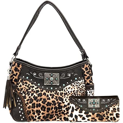 Leopard Animal Print Concealed Carry Feather Concho Country Vintage Western Handbag Hobo Purse Wallet Set (Leopard Chocolate) Cover