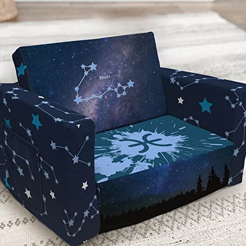 Fond + Found Kids Sofa, Zodiac Sign Toddler Couch 2-In-1 Convertible Sofa To Lounger, Starry Sky Flip Out Chair & Sleeper, Zodiac Gifts Kids Couch For Kids Girls Boys #TOP4