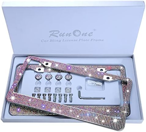 2 Pack AB Crystal License Plate Frame for Women,Luxury Rhinestone Sparkling with Giftbox & Diamond Bling Cap Screw Set
