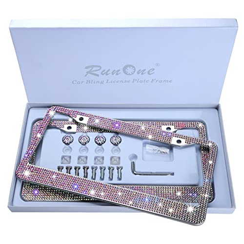 2 Pack Ab Crystal License Plate Frame For Women,Luxury Rhinestone Sparkling With Giftbox & Diamond Bling Cap Screw Set #TOP2