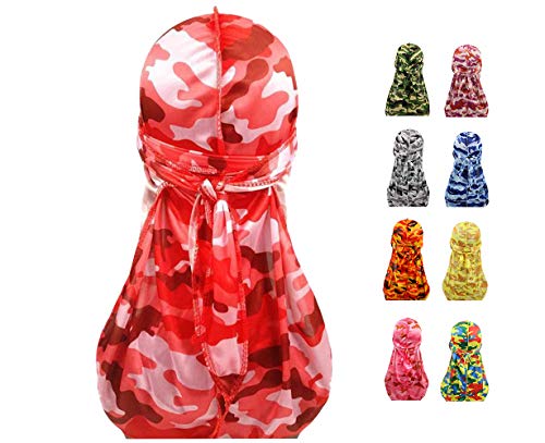 Sejardin Colorful Military Camouflage Waves Long Tail Caps Bandana Turban Silky Durag Headwraps for Men and Women (Red)