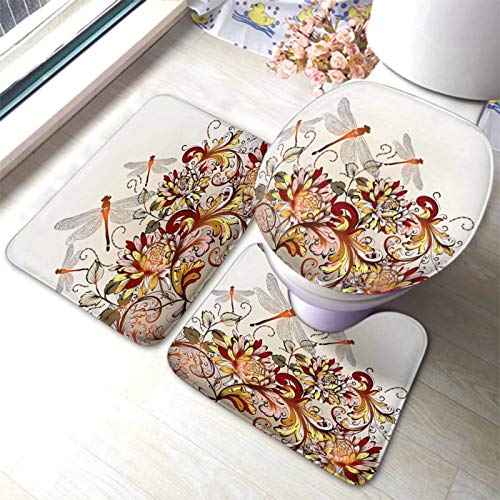 Set 3 Teilig Badvorleger Blume Schöne Blume Hintergrund Mit Bunten Ornament Und Fliegende Libelle Badgarnitur Badematten Waschbar Dekorative Badezimmer Set, Für Spa, Wc-Sitz Bezug