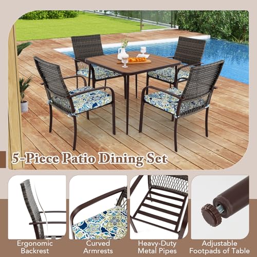 COSTWAY 5 Pieces Patio Dining Set, Square Garden Table with 4 Rattan Armchairs, Removable Cushions & Umbrella Hole, Outdoor Wicker Conversation Furniture Set for Balcony Yard Poolside 5 COSTWAY 5 Pieces Patio Dining Set, Square Garden Table with 4 Rattan Armchairs, Removable Cushions & Umbrella Hole, Outdoor Wicker Conversation Furniture Set for Balcony Yard Poolside - Image 5