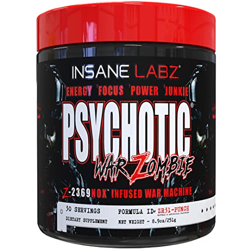 Insane Labz Psychotic War Zombie High Stimulant Pre Workout Powder, Extreme Lasting Energy, Focus and Pump with Beta Alanine, L-Arginine, 30 Servings (Fruit Punch)