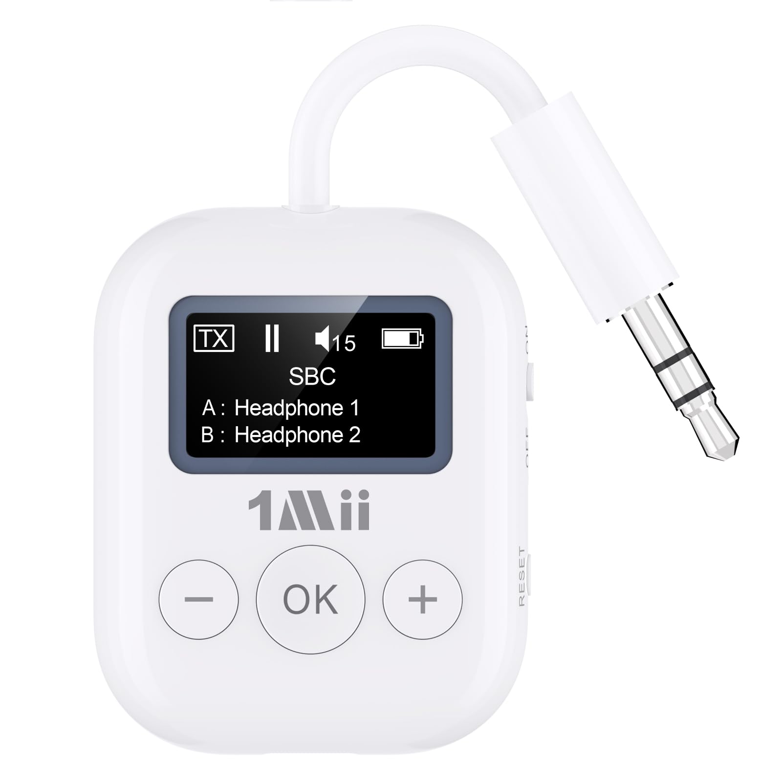 1Mii Bluetooth 5.3 Transmitter w/Screen for TV to 2 Headphones, aptX AD/LL/HD Hi-Fi Audio, 25H Playtime, 3.5mm AUX Bluetooth Adapter for TV, PC, CD