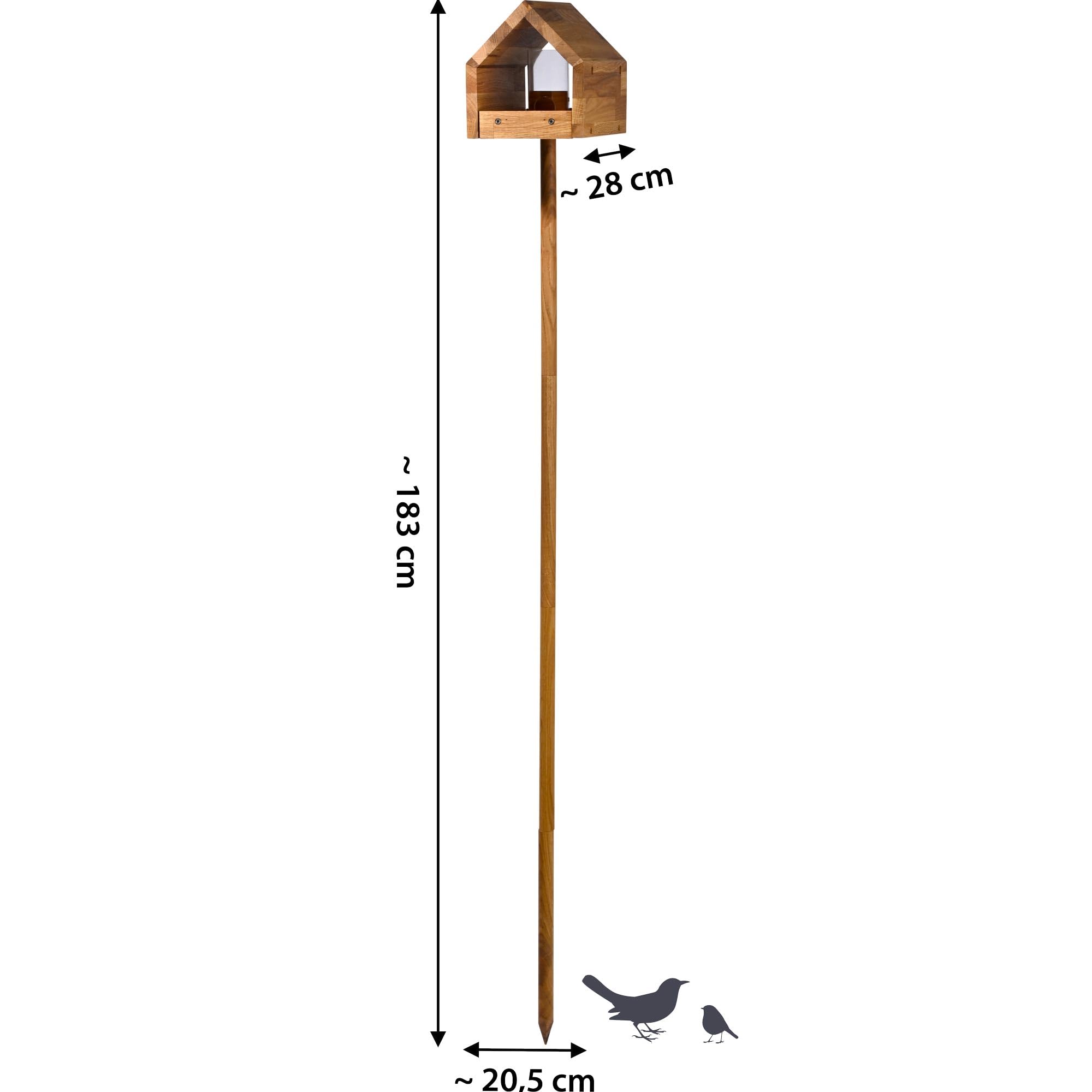 LUXUS-VOGELHAUS 46601e Vogelfutterhaus "Bauhaus III" - Futterhaus aus Massivholz - Futterstation inklusive Ständer - Wildvogelfutterplatz Eiche - 20,5 x 28 x 179 cm - Natur