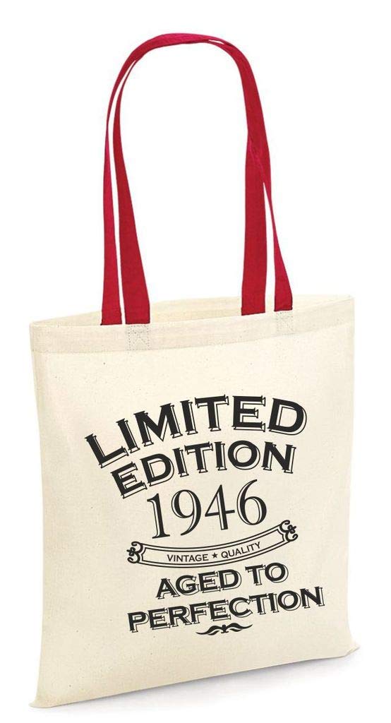 Bags Dcgprintwear Women's Natural & Red 1946 Birthday Gift Present Tote Shopping Bag For Life Cotton Limited Edition Aged To Perfection