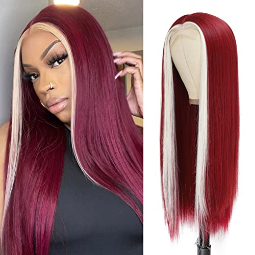 PALPTASN Skunk Stripe Wig Burgundy with Blonde Highlight Synthetic Wigs Wine Red Lace Front Wigs Long Straight Middle Part Wig for Women 24 Inch