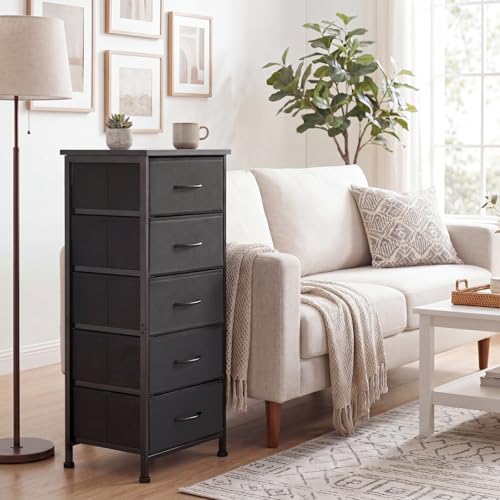 Image of Fixwal Black Tall Skinny Dresser for Bedroom, Narrow Storage Dresser Organizer with 5 Fabric Drawers, Nightstand Furniture in Closet, Entryway, Hallway
