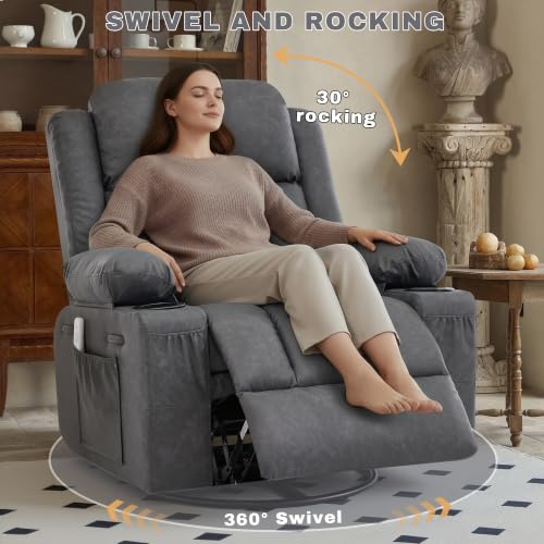 Image of Rocker Recliner with Heat and Massage, Swivel Chair with Cup Holder