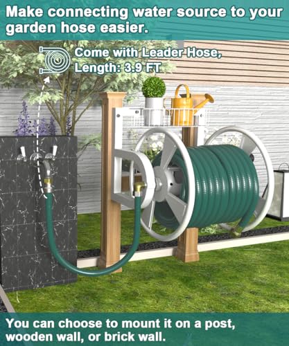 Artigarden Garden Wall Mounted Hose Reel, Outdoor Heavy-Duty Water Hose Holder Winder, Holds 125 Feet of 5/8-Inch Hose, with 3.9 ft Leader Hose, Brass Fitting and Storage Basket for Yard, White