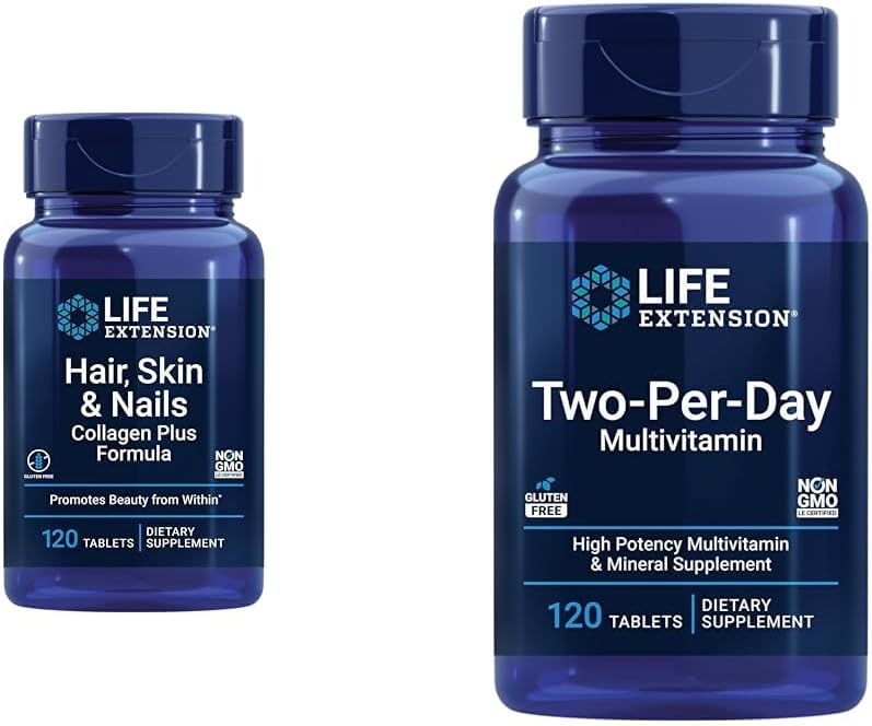 Life Extension Hair, Skin & Nails Collagen Plus Formula with Multi-Vitamin & Mineral Supplement - 120 Count & 120 Tablets