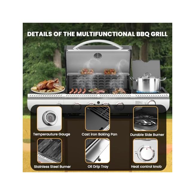 4-Burner Gas BBQ Grill with Side Burner, Porcelain-Enameled Cast Iron Grates, Baking Pan, 42,000 BTU Stainless Steel Propane Grill