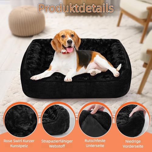 Muecleao Hundebett, Weiches waschbares Hundesofa mit Plüsch, bequemes Hundekissen und Rutschfester Hundekorb für kleine und mittelgroße Hunde (Schwarz, 70x60x15cm(L X W X H))