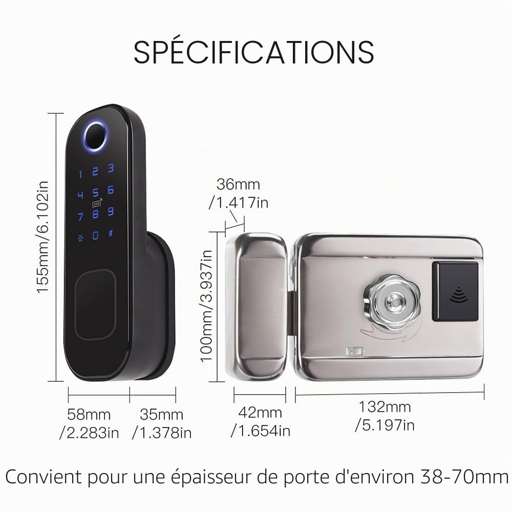 Serrure de porte Wifi Smart Home anti-vol, serrure intelligente à empreintes digitales, serrure de sécurité Bt, télécommande par application, convient pour une épaisseur de porte de 38 à 70