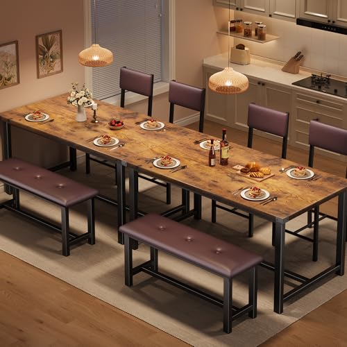 GarveeHome Dining Table Set for 4, Kitchen Table with 2 Upholstered Chairs and Bench, Wood Kitchen Dining Room Set, for Small Space, Apartment, Home, Kitchen, Retro Brown
