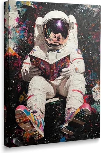 Colorful Pop Astronaut Outer Space Theme Classroom Decor Framed Graffiti Spaceman Contemporary Wall Art Canvas Cool Kids' Gifts Galaxy Prints Banksy Poster Universe Trippy Painting (24'x36')