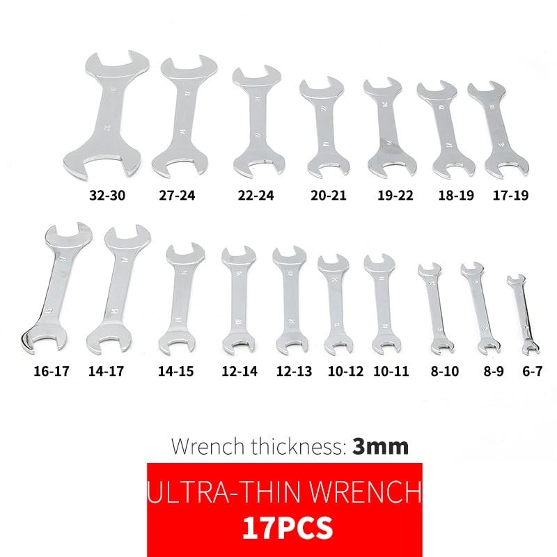 Juego de Llaves de Boca Fina de 3 mm, Llave Plana Ultrafina, Herramienta multifunción superfina for tuberías de plomería, Boquilla de Gas, Llave de Horquilla.(17Pcs 6-32mm)