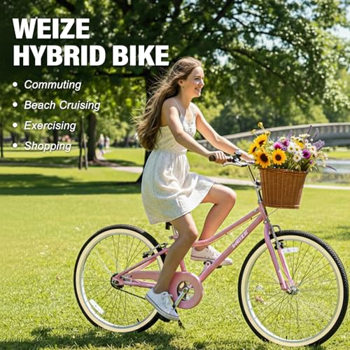 Image of WEIZE Beach Cruiser Bike, 24 Inch Kids Bike with Basket and Kickstand, Retro Style Childrens Bicycle for Teen Girls, Lightweight Steel Frame, Pink