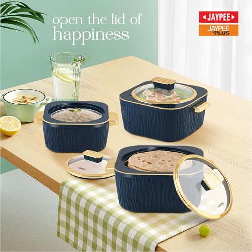 Image of JAYPEE Crinkle Klass Inner Stainless Steel Casserole Set of 3(1000+1500+2000) ml PUF Insulated Gold Finish Handle Lockable Lid BPA Free Hot Box for Kitchen Roti Box Hot Pot Serving Casserole,S.Green
