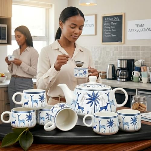 Image of DMRD MART-Handcrafted Ceramic Stag 7PC Tea Cup Set with Kettle Safe 6 Cups 1 Kettle | Tea Pot Set 1000ml Ceramic Porcelain Cup Set of 6 Perfect for Serving Coffee Green. (Dear Print 7pc)