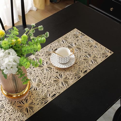 Hosoncovy Hollow Table Runner Non-slip Decorative PVC Table Mats Placemat Protective Heat Resistant Mats for Home Party Kitchen Dining Wedding Decor (91CM X 33CM) (Gold) - Image 2