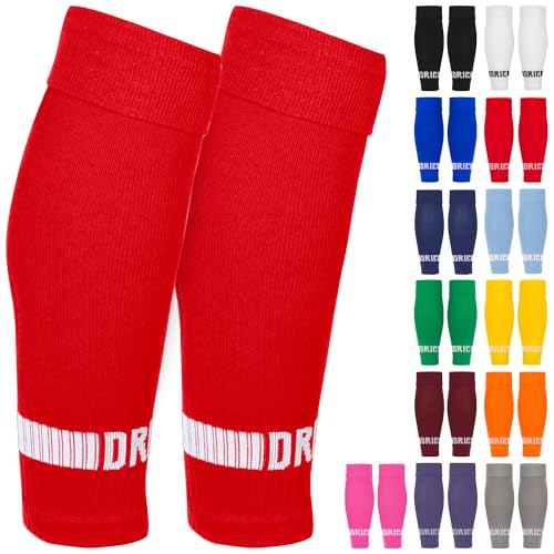 DRIPsox® Football Sock Sleeves - 3 Sizes for Kids, Men, Junior, Women (S:13C-3.5, M:4-7.5, L:8+) - Multiple Colours - 1 Pair (L) Red Football Sleeve Socks with Breathable Calf Comfort Mesh